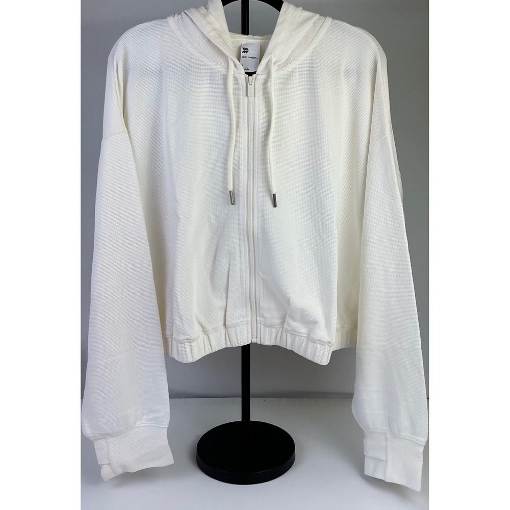 All In Motion Womens 1X Cream Sleak Waffle Knit Full Zip Hooded Cropped Jacket‎